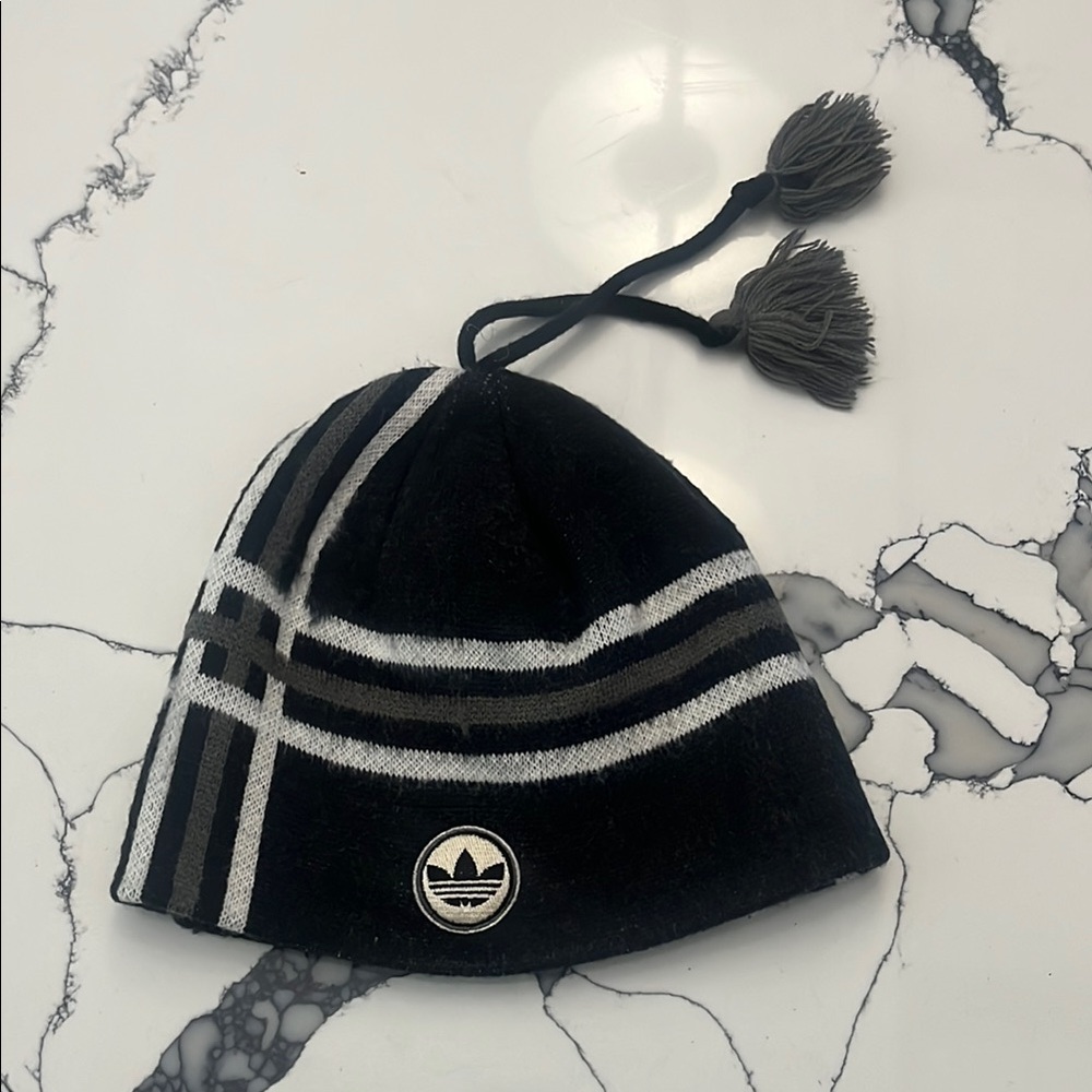 Adidas Black and Gray Knit Hat with Tassels